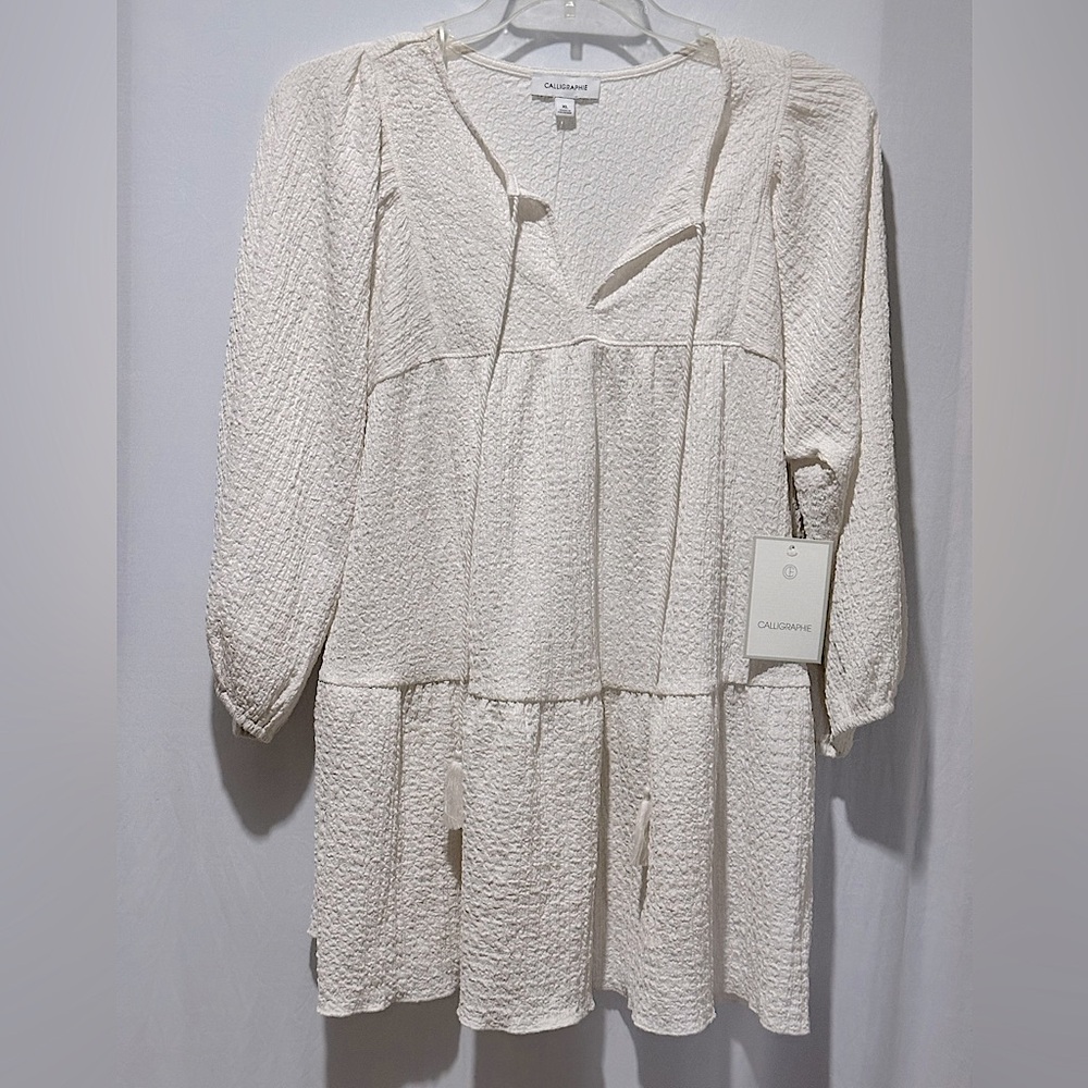CALLIGRAPHIE MINI DRESS - LONG SLEEVE TIE FRONT SMOCK DRESS IN IVORY - SIZE XL